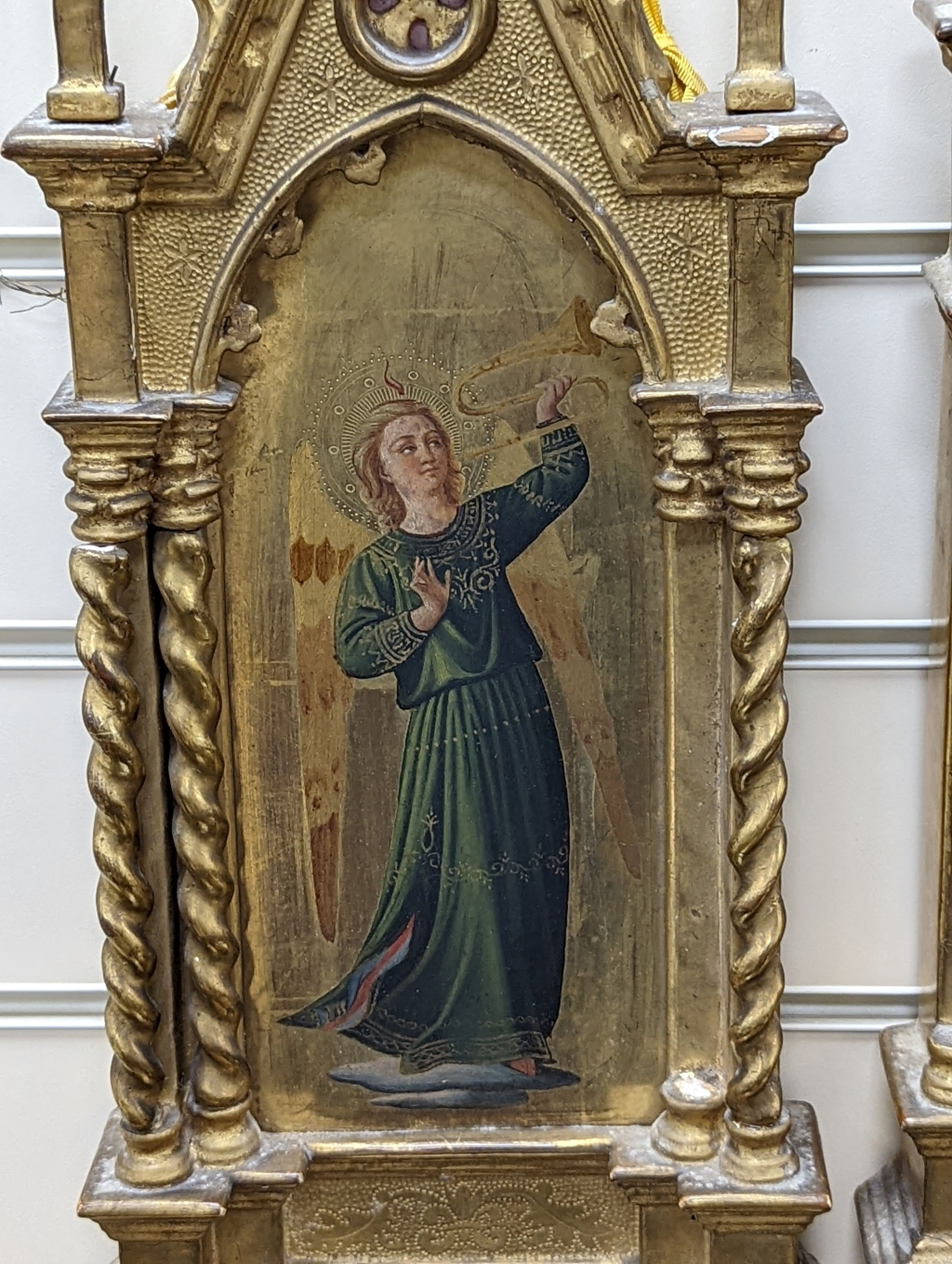 19th Century Florentine School, pair of oils on gilt panels, Seraphim, overall 47 x 20cm.